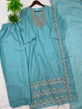 1204 Floral Hand-Work Partywear - Aqua