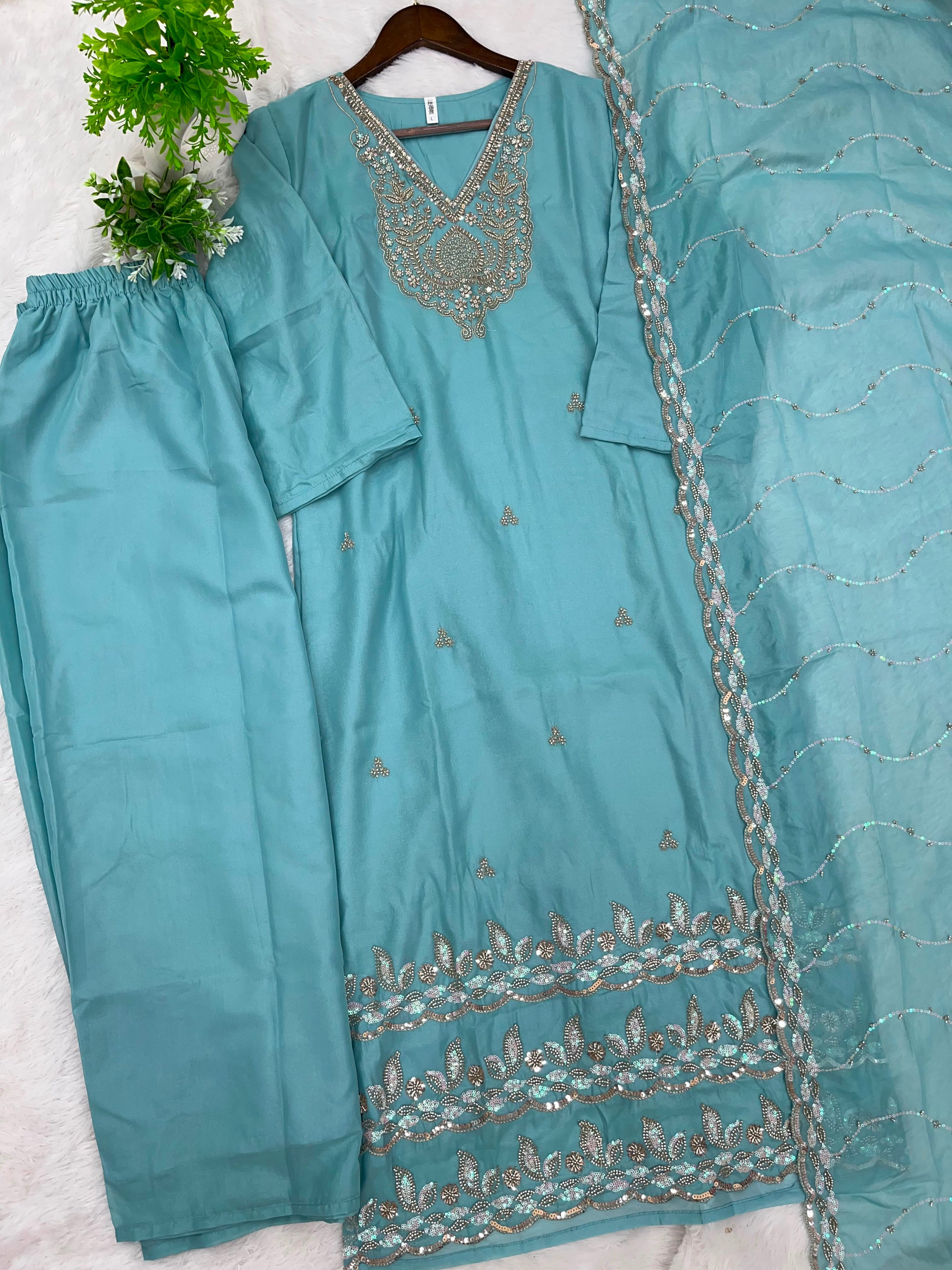 1204 Floral Hand-Work Partywear - Aqua