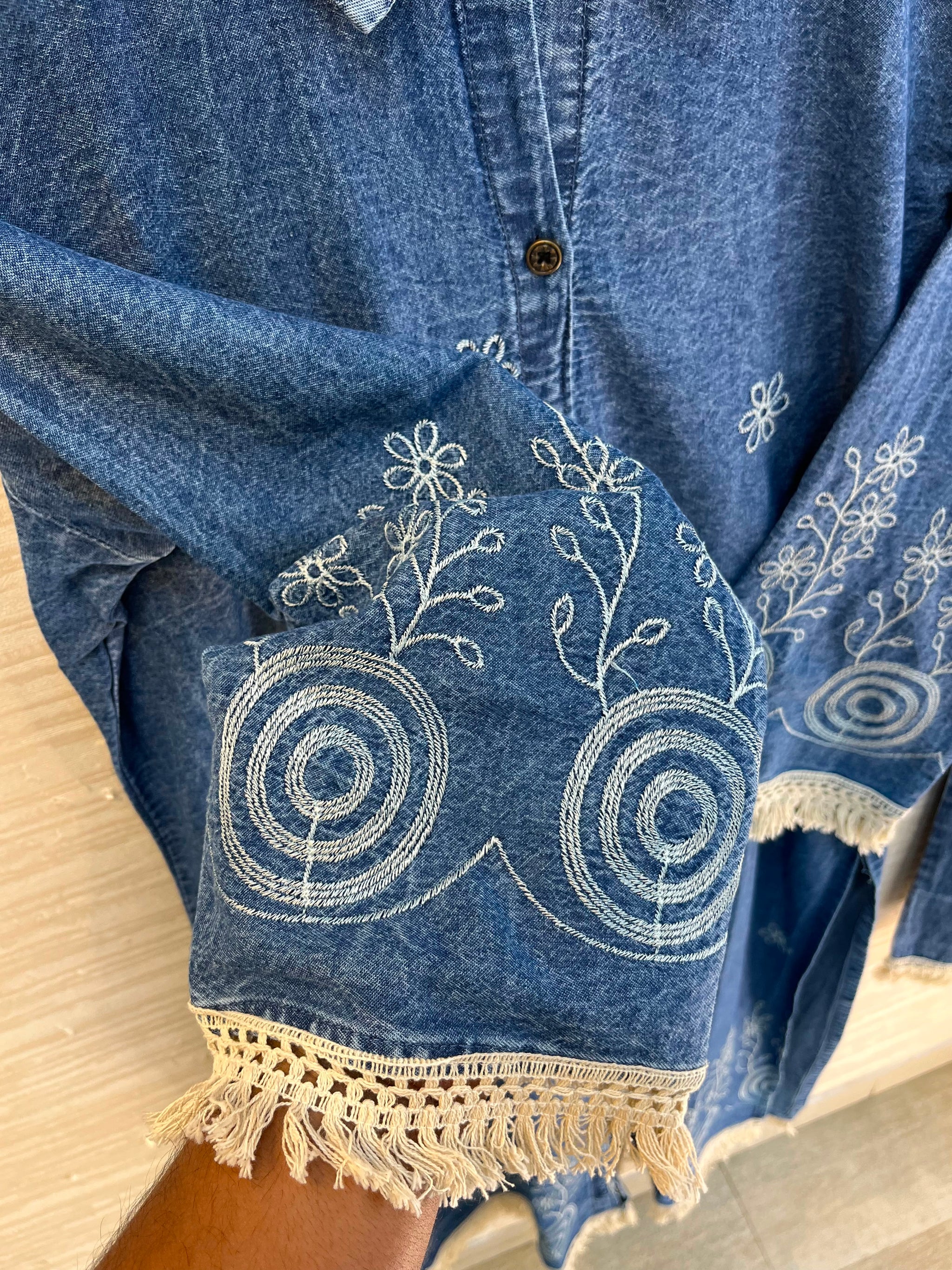 1203 Long Embroidered Denim Coordset - Blue