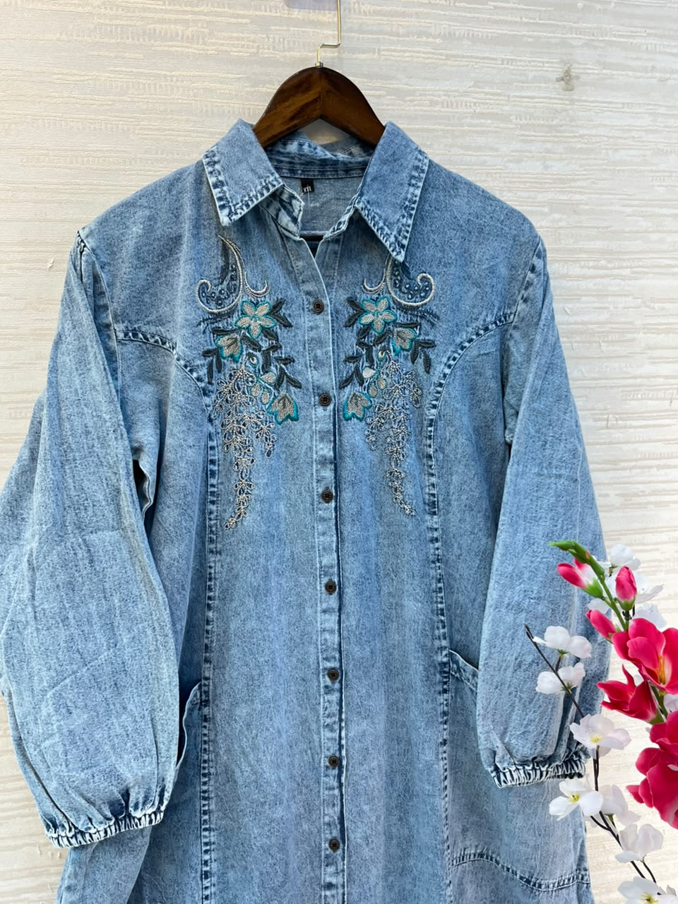 1193 Embroidered Denim Gown - Sky Blue