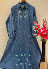 1193 Embroidered Denim Gown - Mid Blue