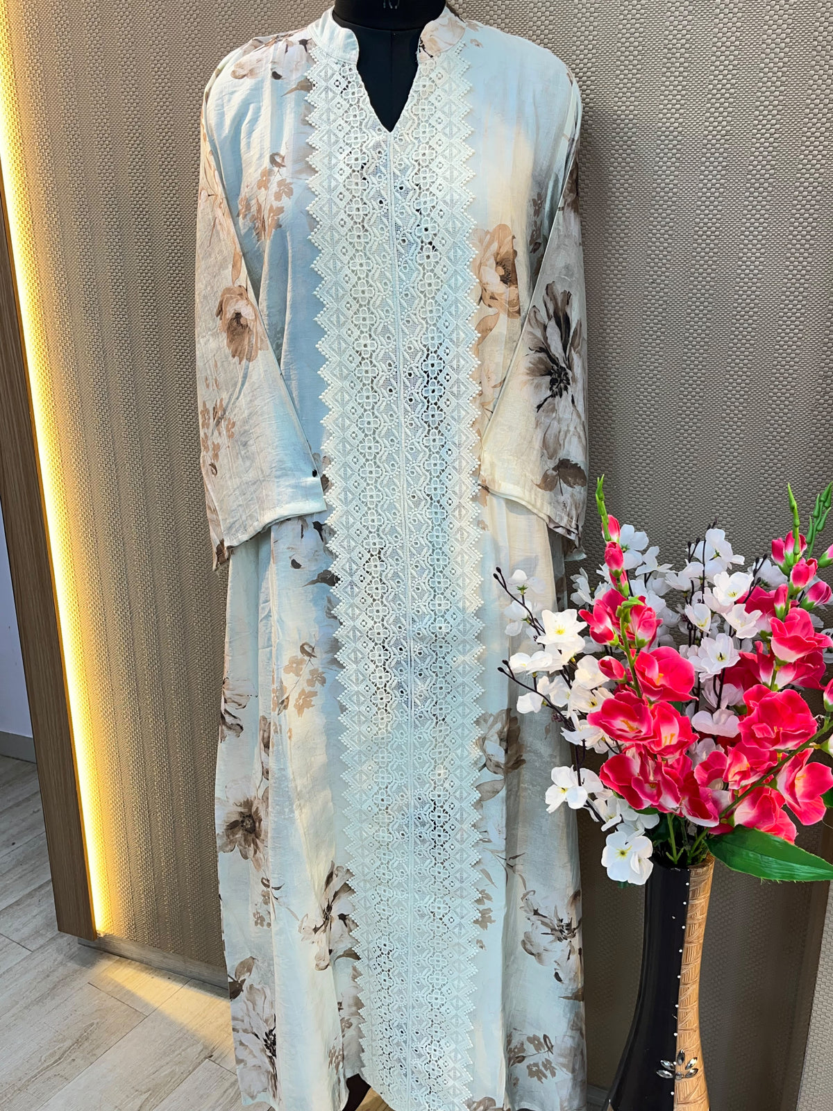 1380 Floral Turkish Lace-Work Gown - Ice Blue