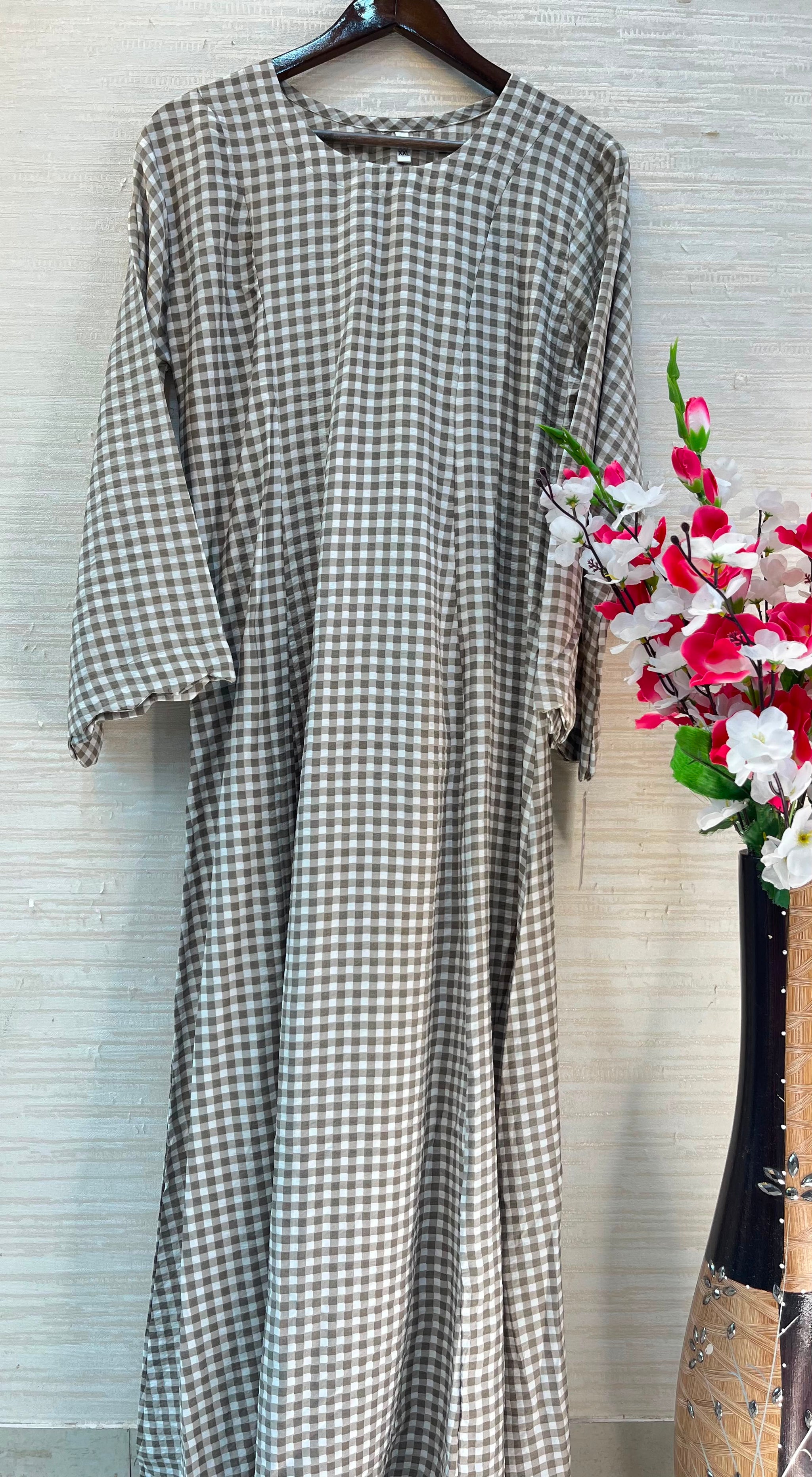 1209 Korean Gingham Gown - Taupe Brown