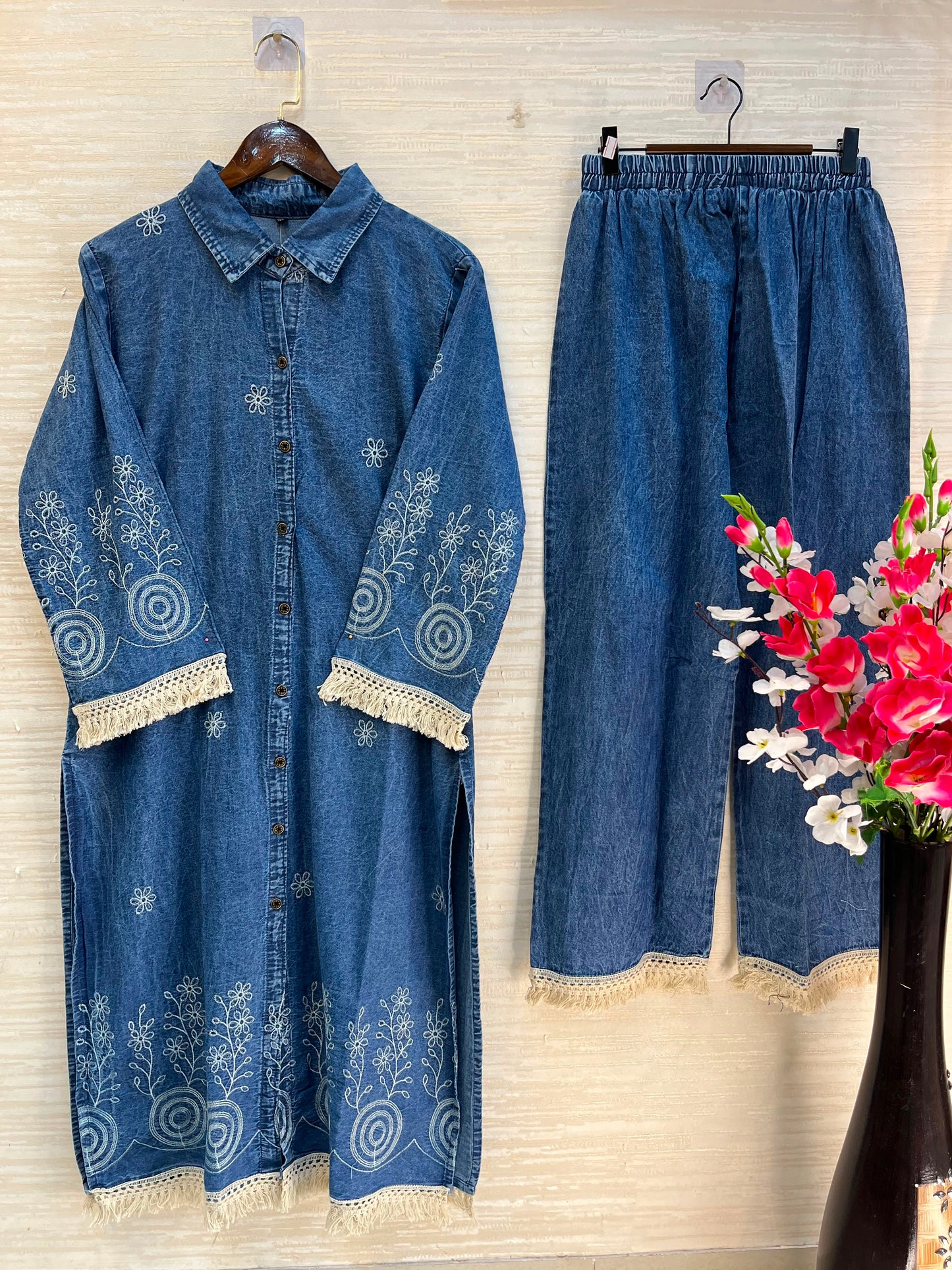 1203 Long Embroidered Denim Coordset - Blue