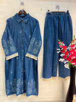 1203 Long Embroidered Denim Coordset - Blue