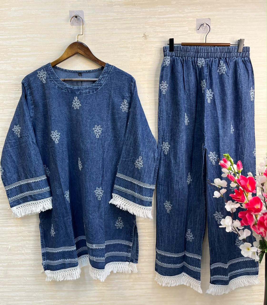 1189 Embroidered Denim Coordset - Dark Blue