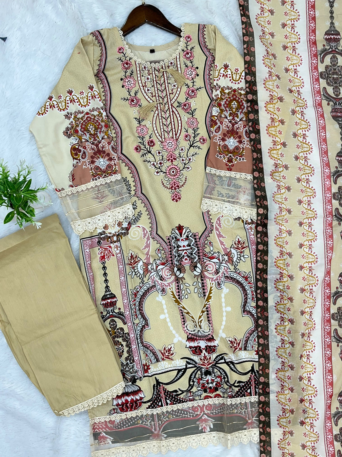 1449 Pakistani Embroidered Suit - Sand Beige