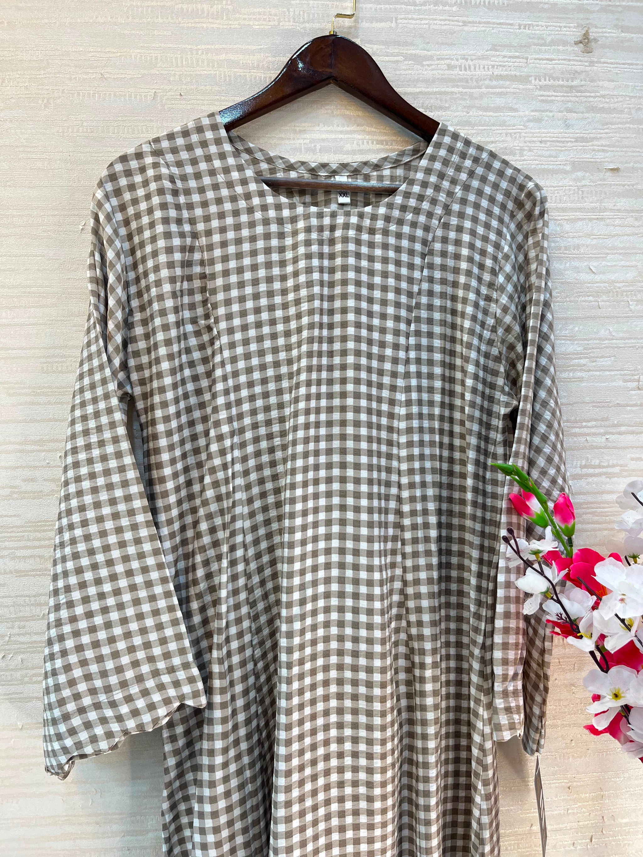 1209 Korean Gingham Gown - Taupe Brown