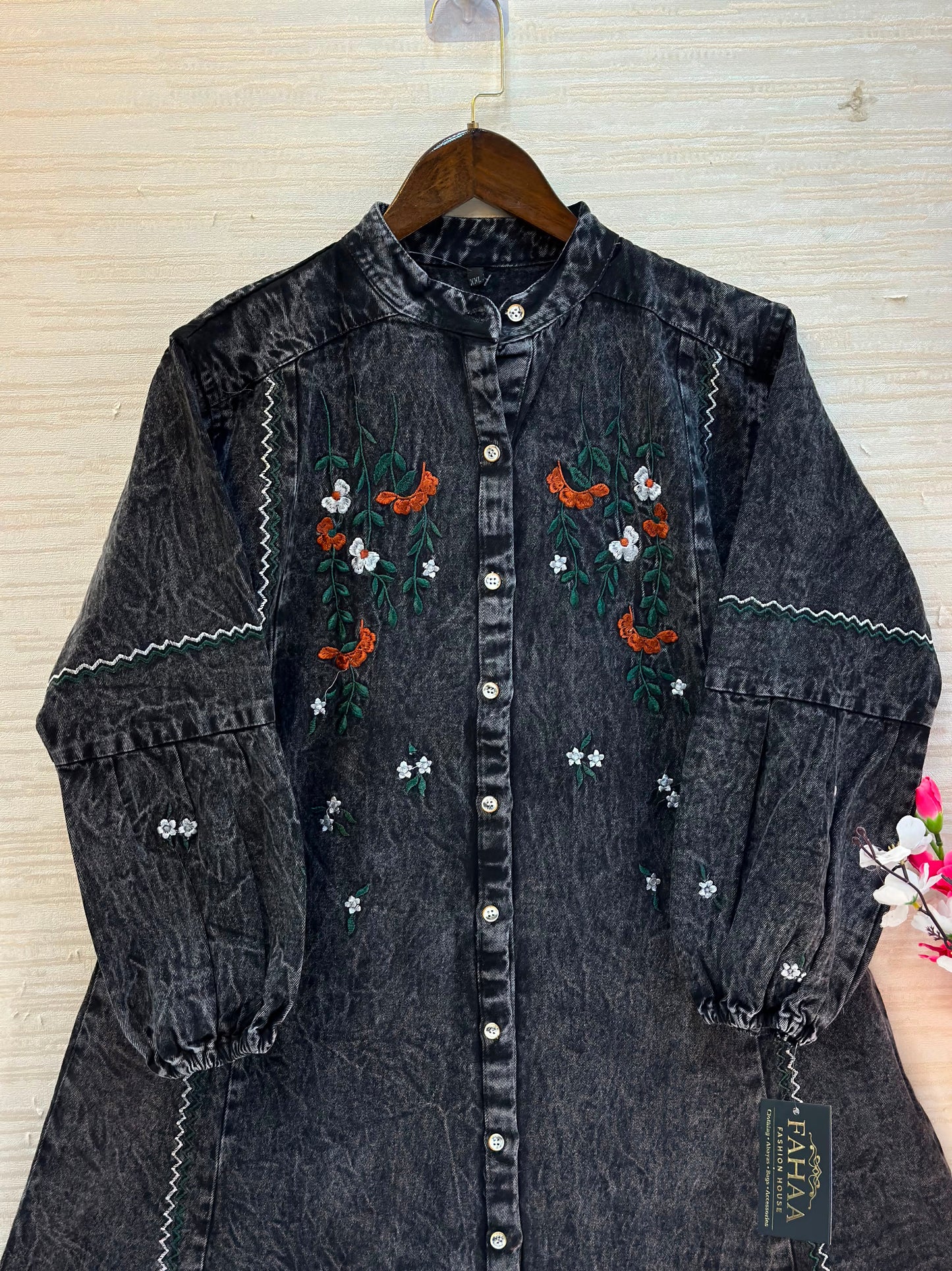 1210 Embroidered Denim Gown - Acid Black