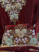 1204 Floral Hand-Work Partywear - Wine Red