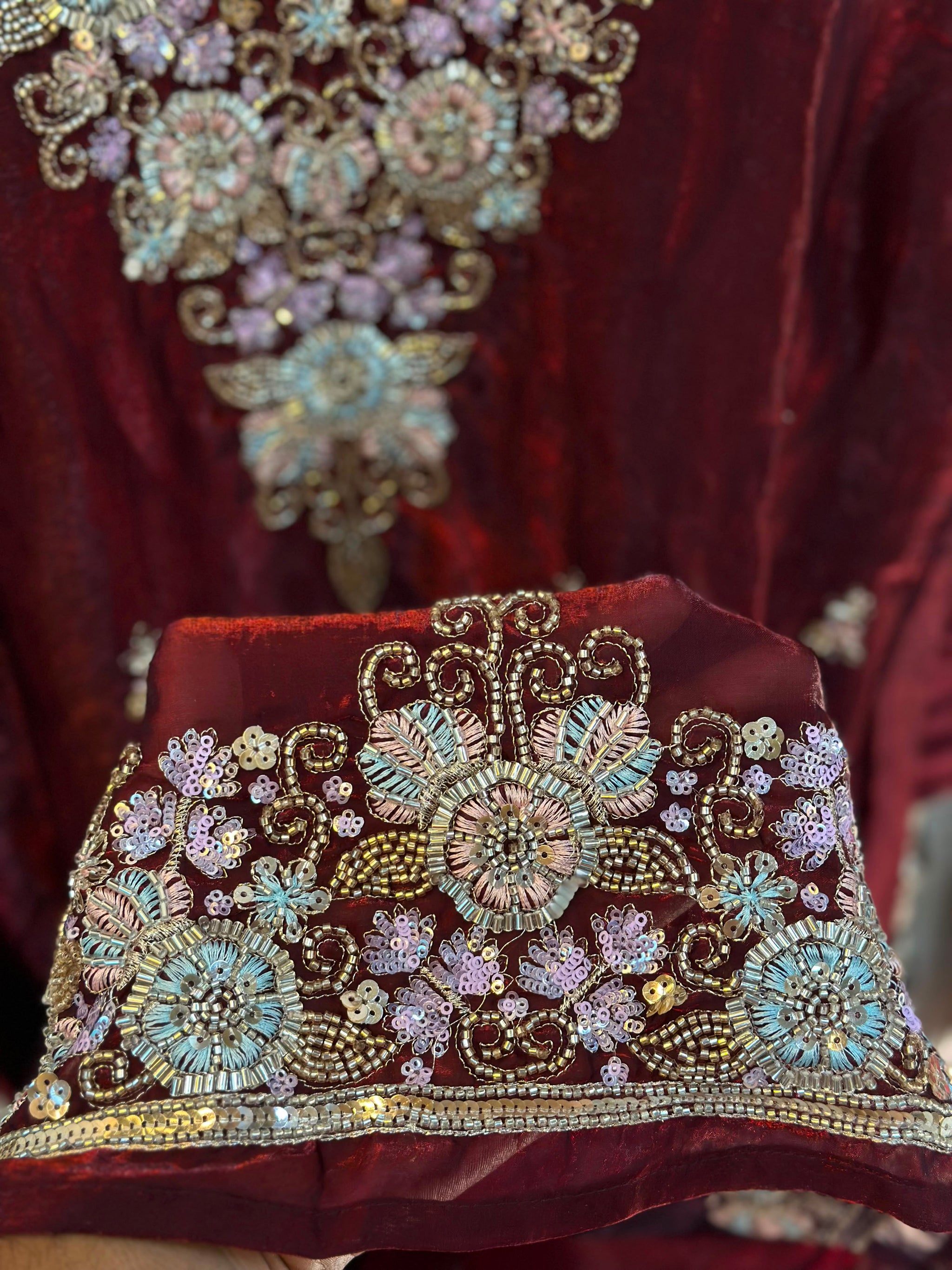 1204 Floral Hand-Work Partywear - Wine Red