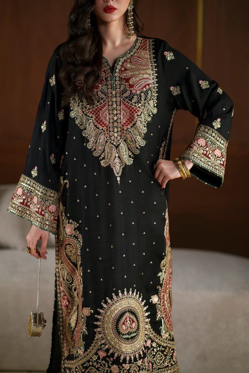 1319 Premium Pakistani Embroidered Black Kaftan 2 Pc Set