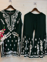 615 Lucknowi Gharara Set | Dark Green