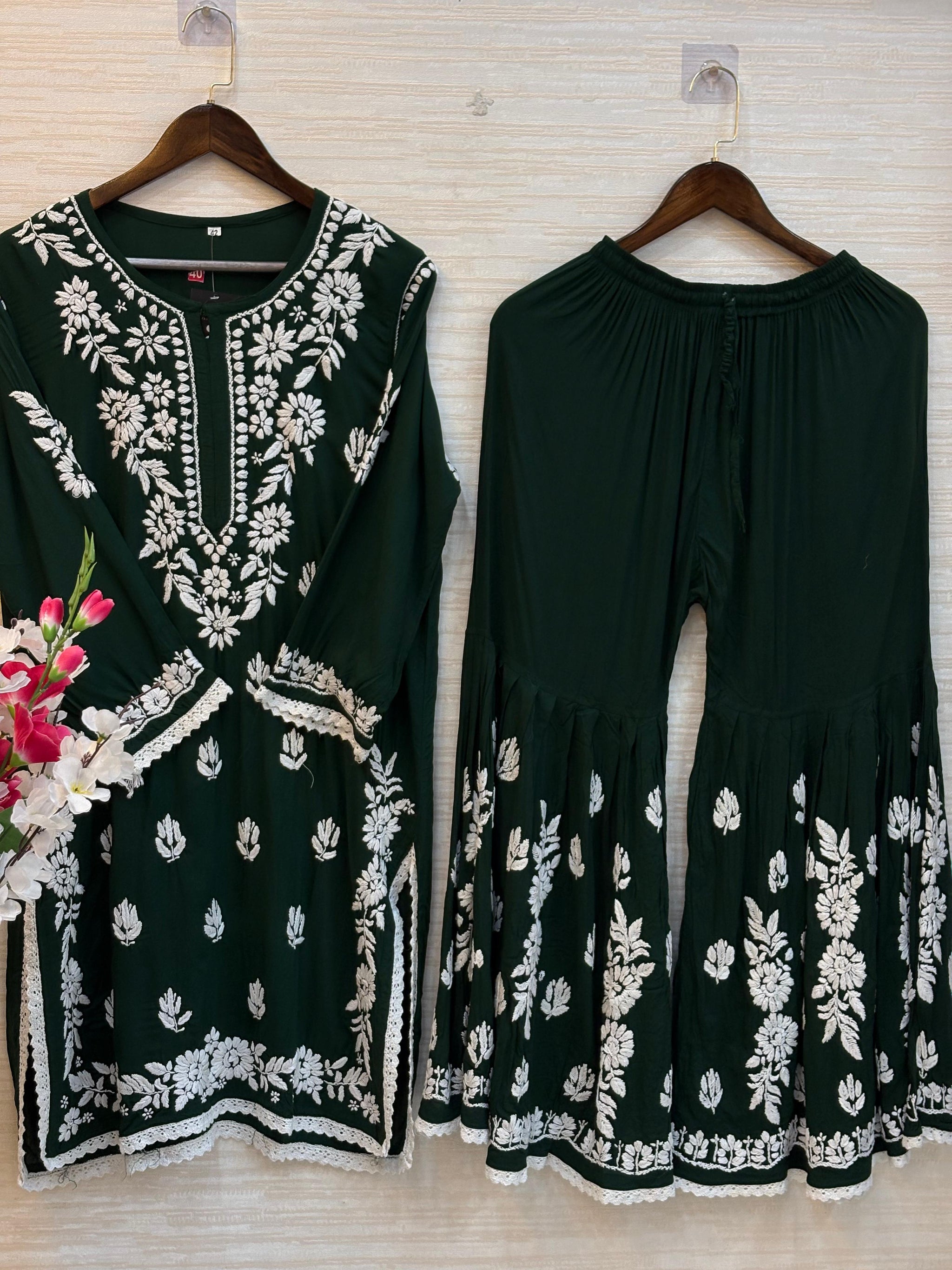 615 Lucknowi Gharara Set | Dark Green