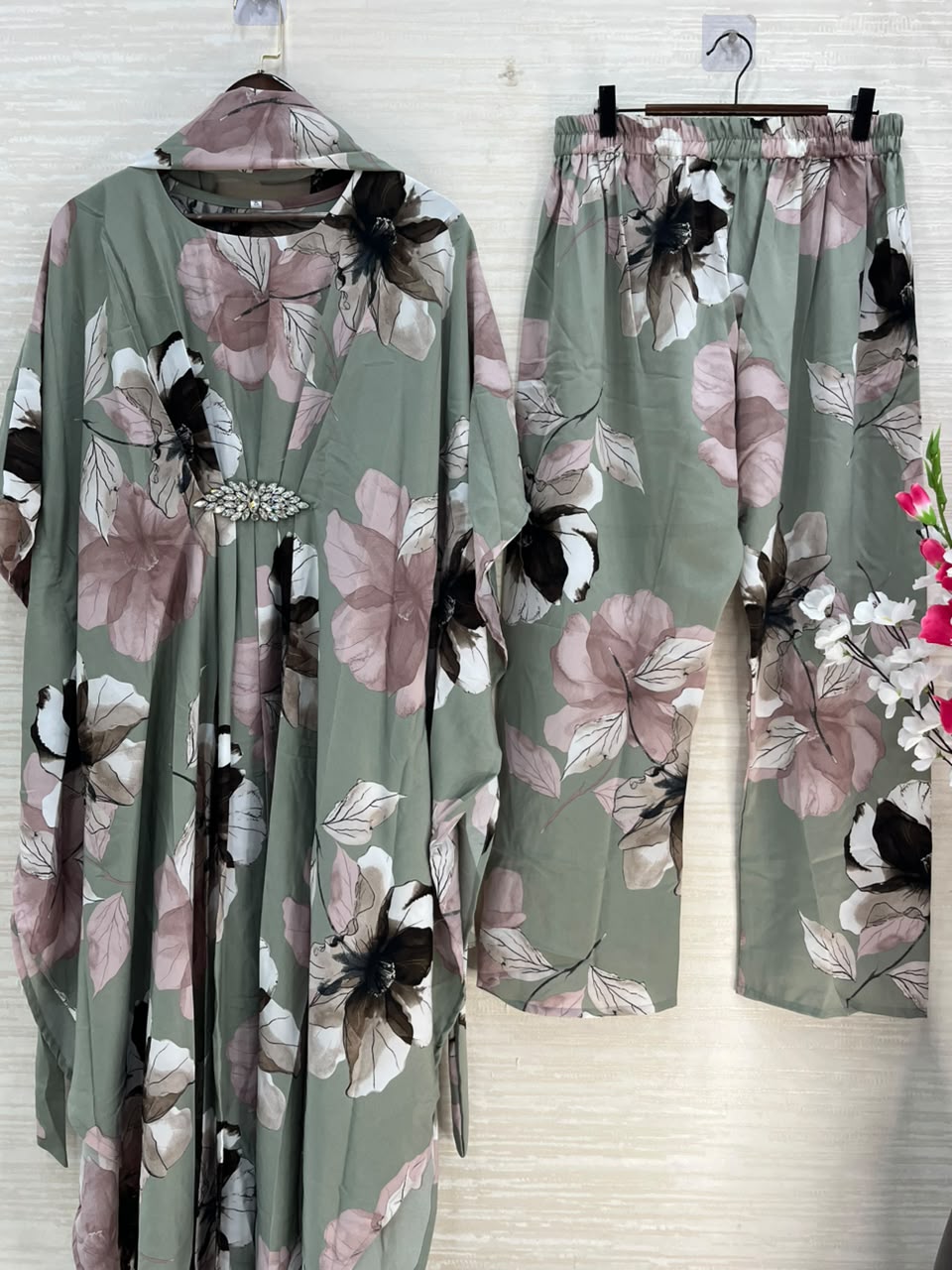 1099 Floral Kaftan Coord Set - Sage Green