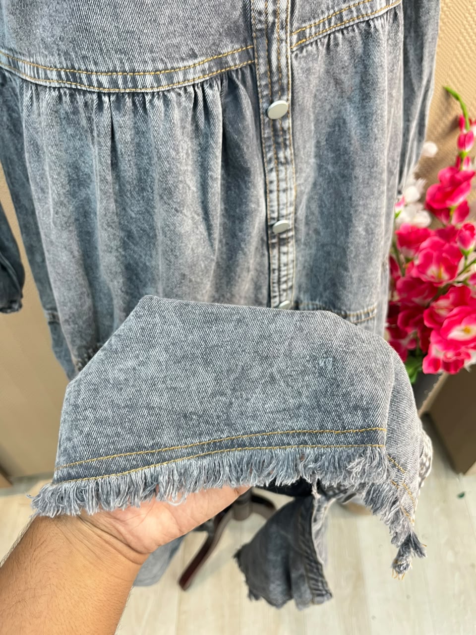 1229 Embroidered Denim Gown - Ash Grey
